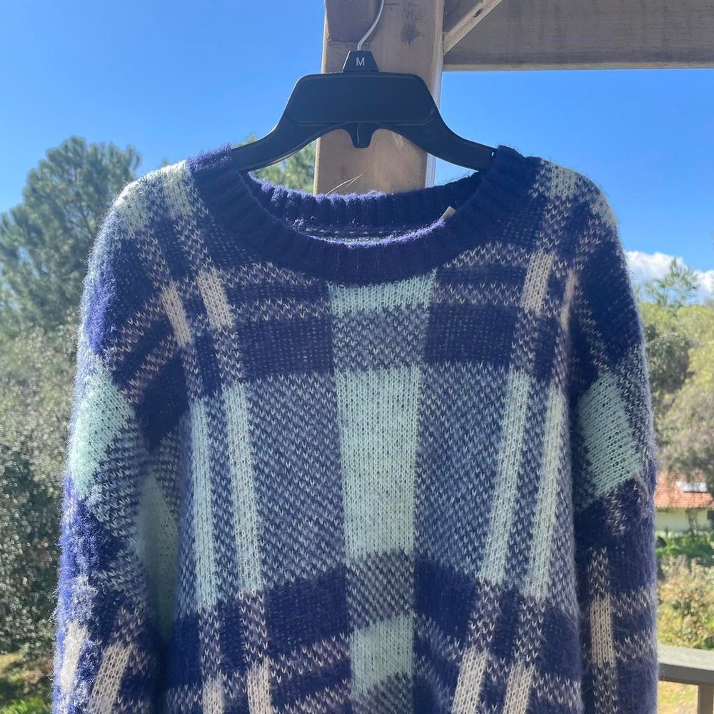 blue grandpacore plaid vintage style beachy sweater